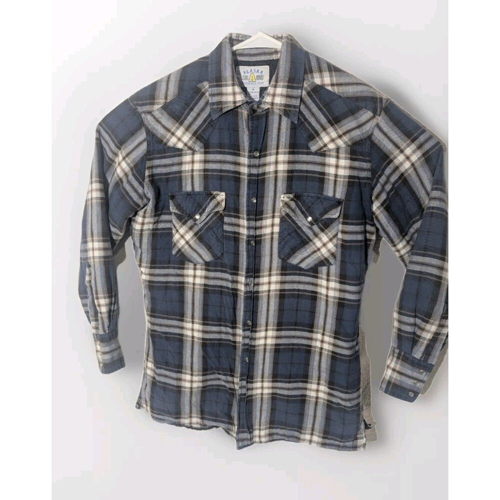 Vintage Flannel jacket Alaska 1959 Mens Medium Blue white Plaid Button Up